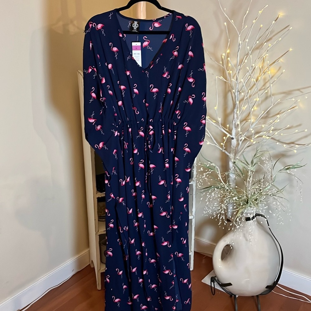 Agnes & Dora Dark Blue Dress with Pink Flamingos